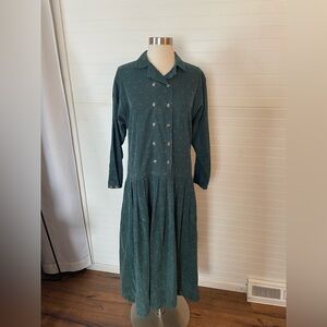 Vintage Corduroy Green Printed Dress 100% Cotton Size S Double Breasted Button